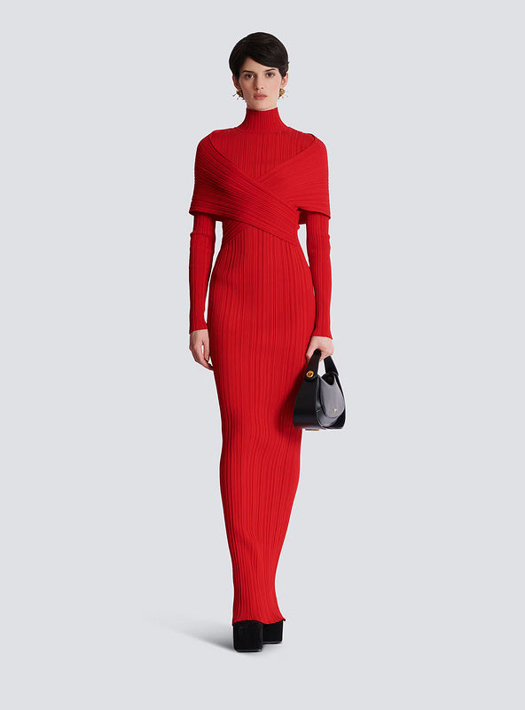 Flowering Girl Women long sleeve pleated knit maxi dress in red