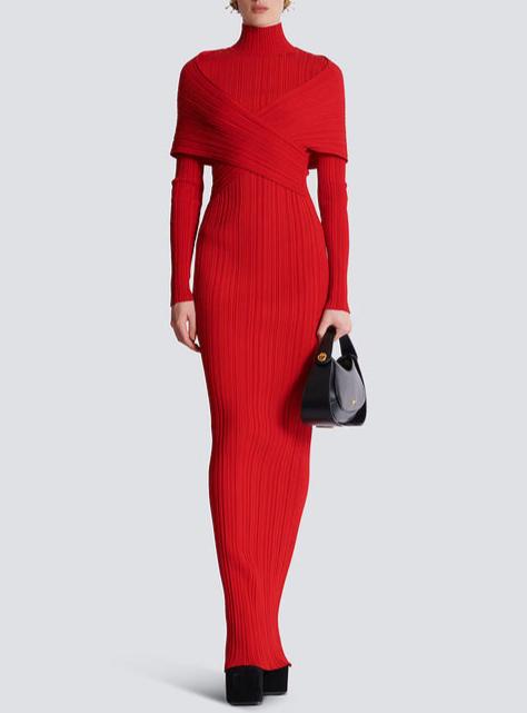 Flowering Girl Women Long Sleeve Pleated Knit Maxi Dress In Red