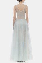 monica blue draped tulle fishbone maxi dress