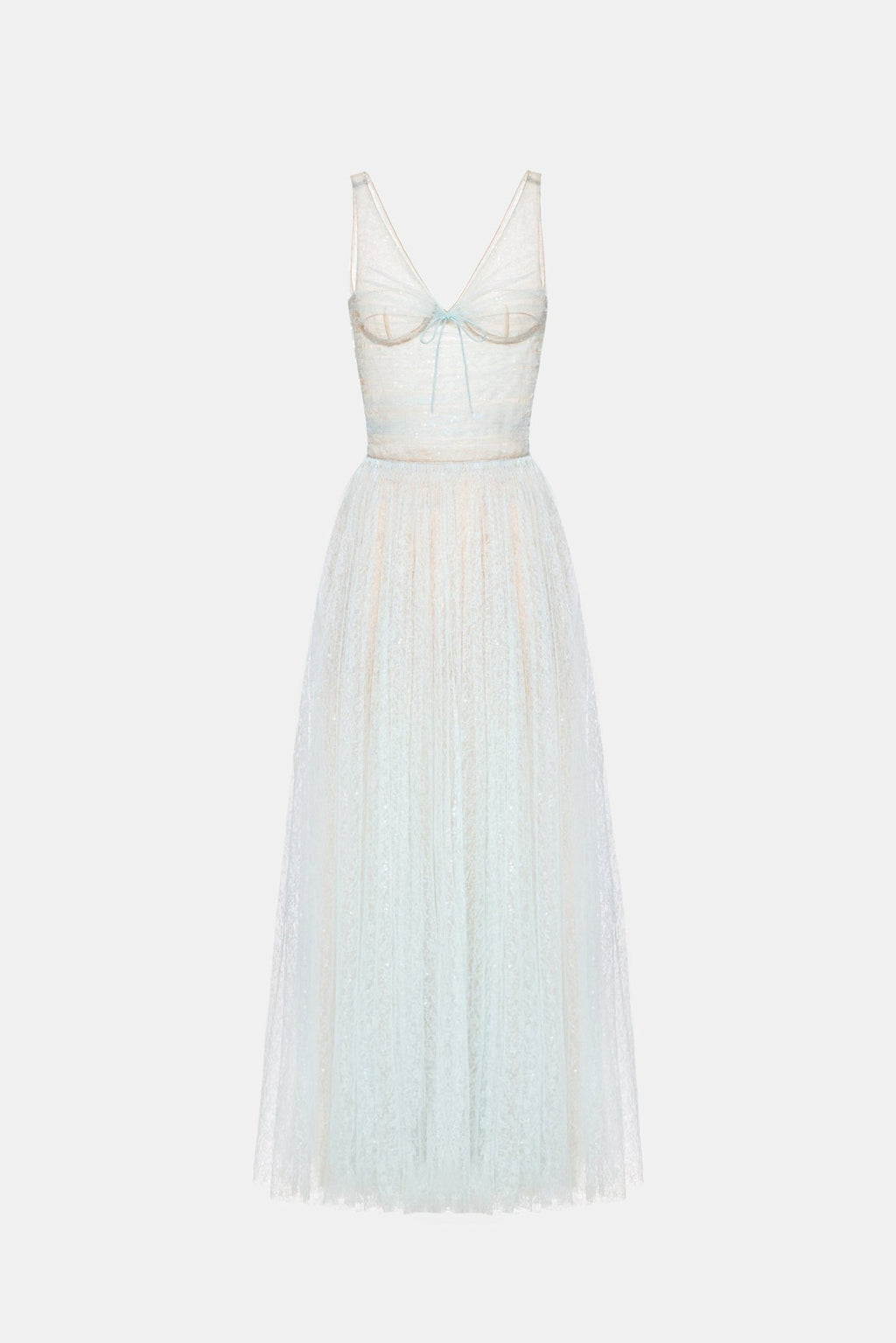 monica blue draped tulle fishbone maxi dress