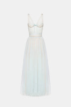 monica blue draped tulle fishbone maxi dress