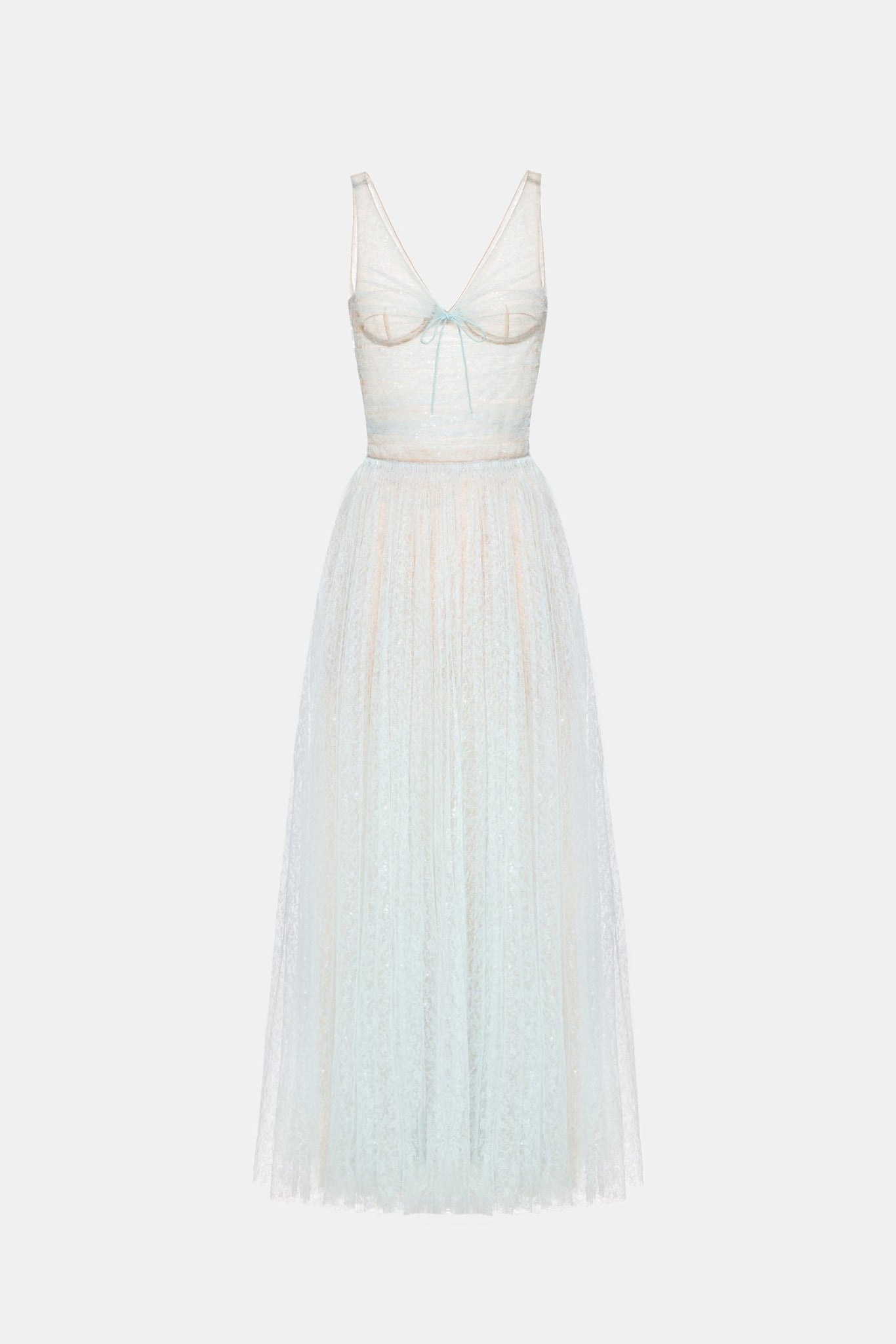 monica blue draped tulle fishbone maxi dress