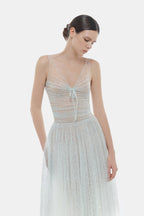 monica blue draped tulle fishbone maxi dress