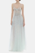 monica blue draped tulle fishbone maxi dress