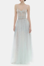 monica blue draped tulle fishbone maxi dress