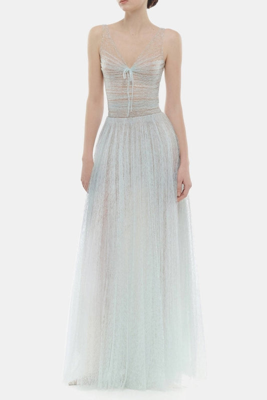 monica blue draped tulle fishbone maxi dress