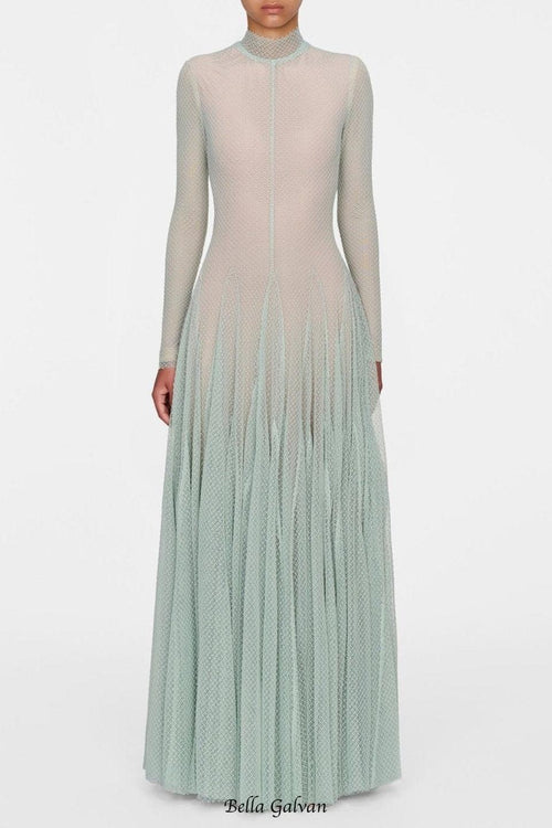 Flowering Girl Women anila mint mesh long sleeve slim maxi dress