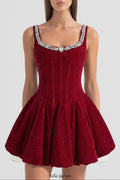 Flowering Girl Women vivien Burgundy Velvet Corset Mini Dress with Crystal-Embellished Neckline