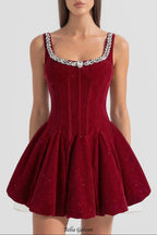 Flowering Girl Women vivien Burgundy Velvet Corset Mini Dress with Crystal-Embellished Neckline