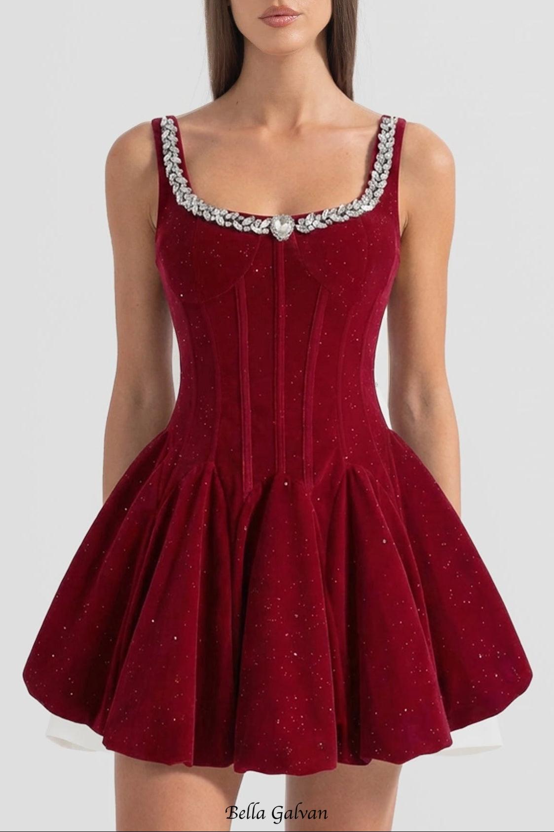 Flowering Girl Women vivien Burgundy Velvet Corset Mini Dress with Crystal-Embellished Neckline