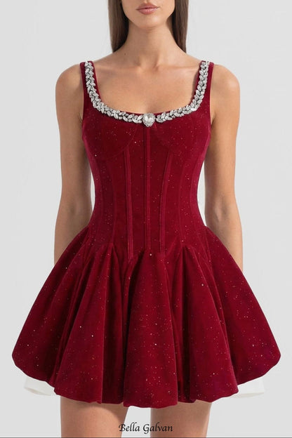 vivien Burgundy Velvet Corset Mini Dress with Crystal-Embellished Neckline