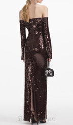 Flowering Girl Women long sleeve sequin maxi dress in brown