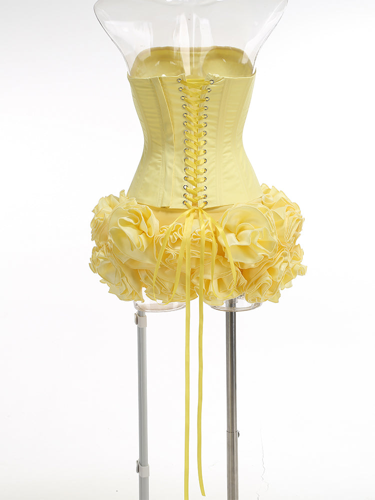 Flowering Girl Women amy flower embellished mini skirt corset set in yellow