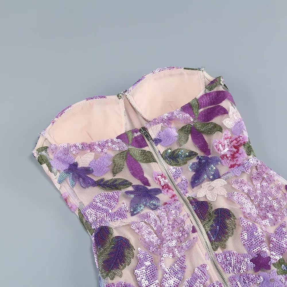 Flowering Girl Women Elara Floral Sequin Embroidered Strapless Maxi Dress - Purple