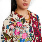 Multicolor Folk Floral Print Three-Quarter Sleeve Button-Down Shirt