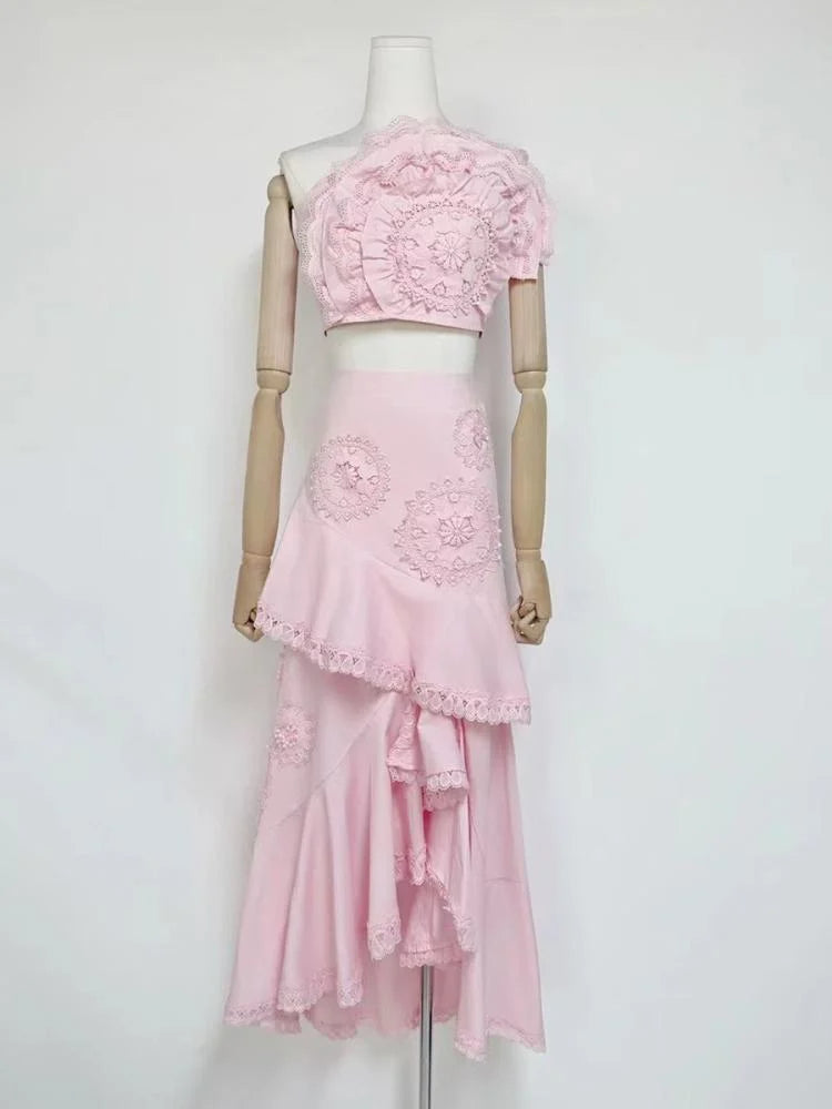 Flowering Girl Women Nina Ruffled Strapless Top Floral Embroidered Mermaid Skirt Set - Pink