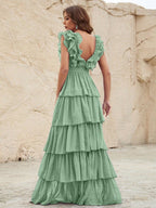 Flowering Girl Women Ruffle Trim Layered Hem Swiss Dot Chiffon Dress