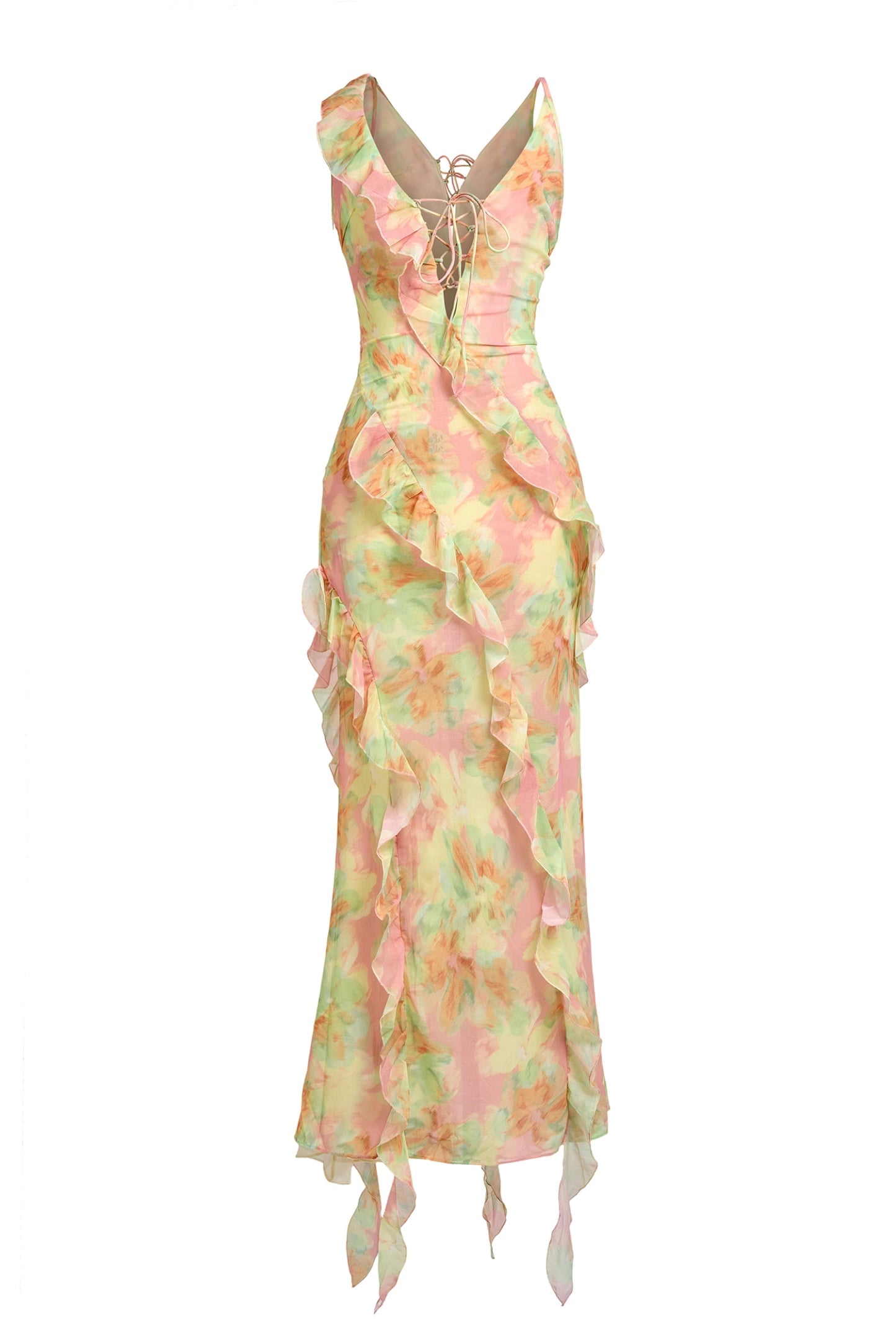 jessie Tie Dye v-neck Ruffle Tie-Up Midi Dress - green