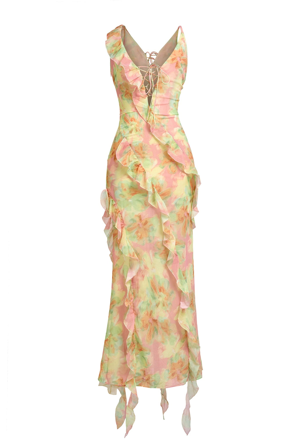 Jessie Tie Dye v-Neck Ruffle Tie-Up Midi Dress - Green