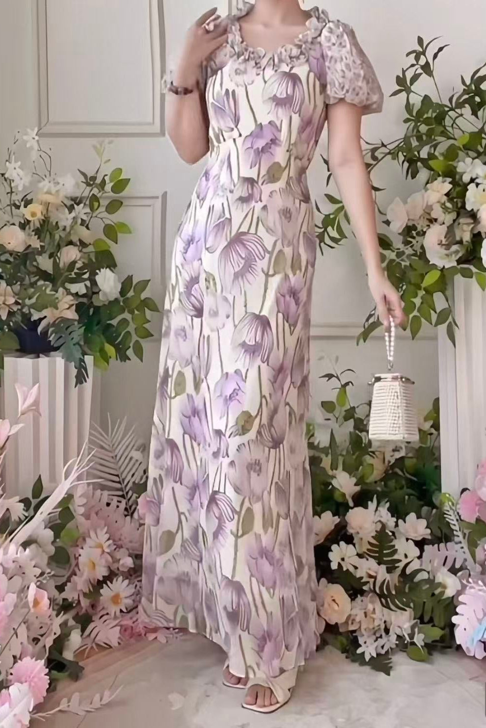 Purple Floral Puff Sleeve Midi Dress