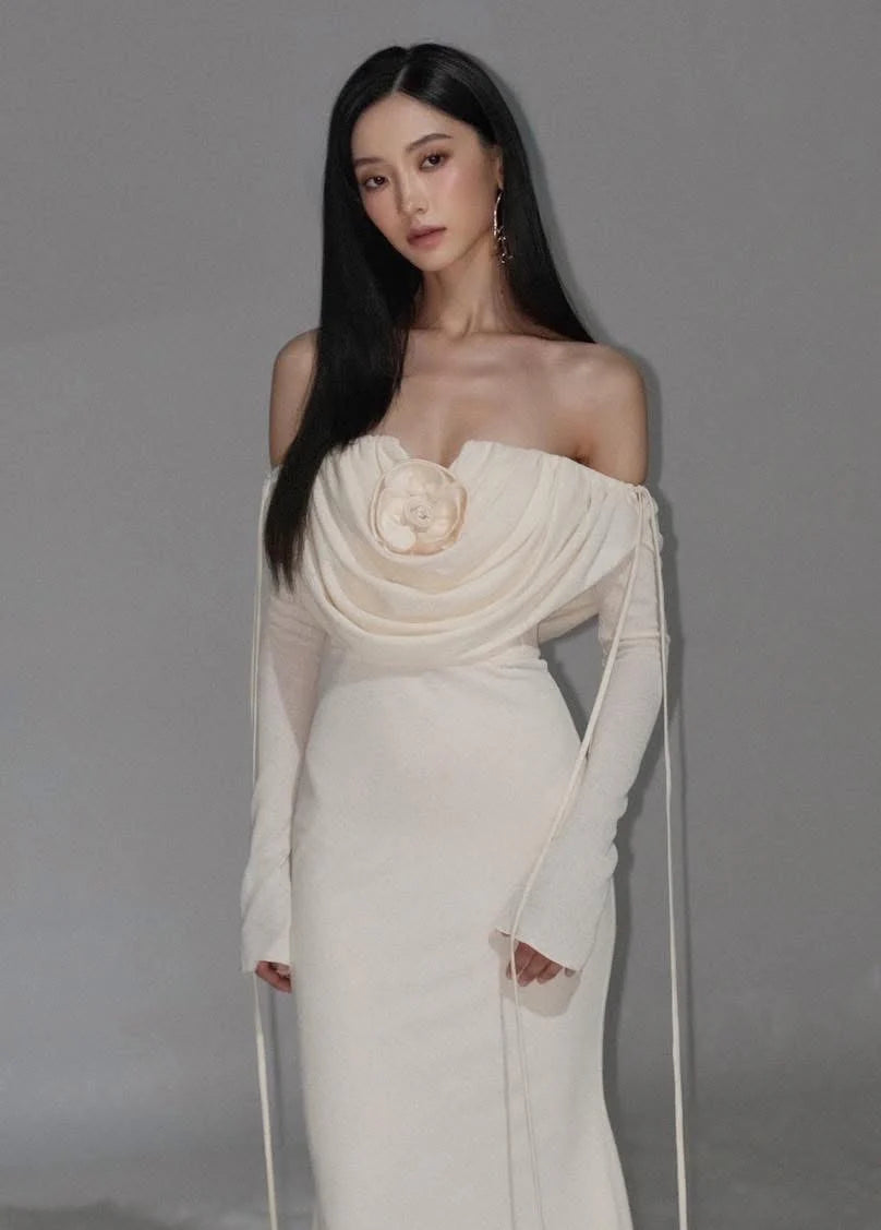 Flowering Girl Women Lila Flower Embellished Pleated Strapless Maxi Dress In White