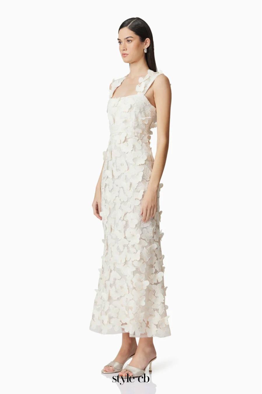 Square Neckline 3D Flower Embroidery Gown In White