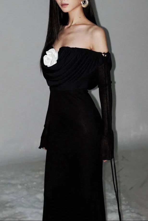 lila flower embellished pleated strapless maxi dress in black