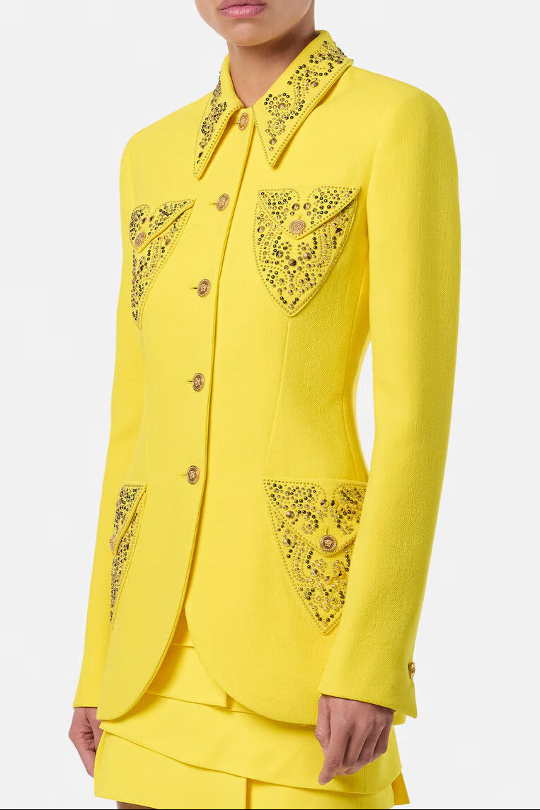 Flowering Girl Women Anila Studded Wool Fitted Single-Breasted Blazer In Yellow