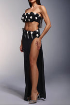 Flowering Girl Women Black High Slit Tassels 3d Flowers Strapless Maxi Set