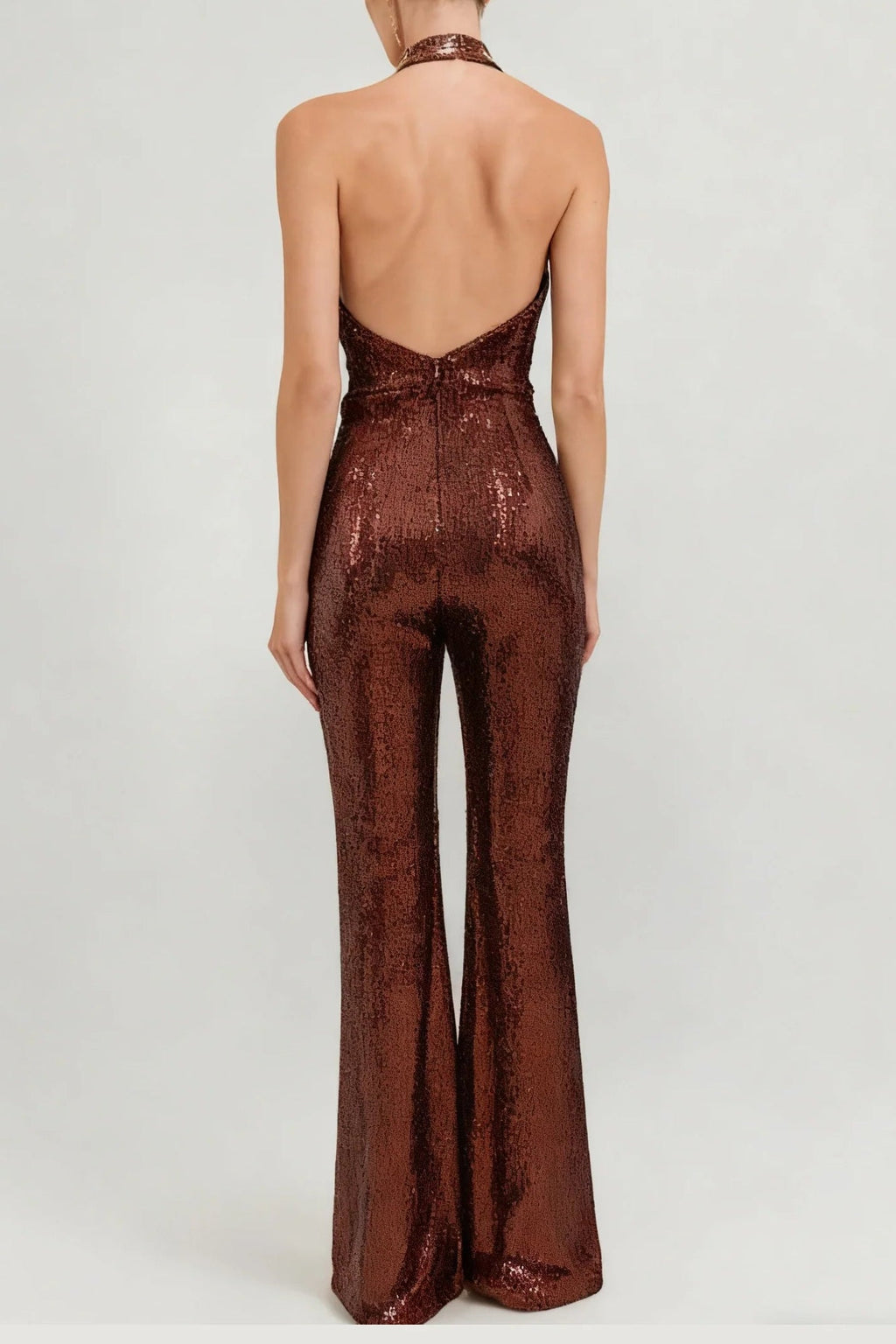 Flowering Girl Women Nora Brown Sequin Halterneck Deep V High Waist Flared Jumpsuit