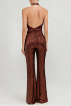 Flowering Girl Women Nora Brown Sequin Halterneck Deep V High Waist Flared Jumpsuit