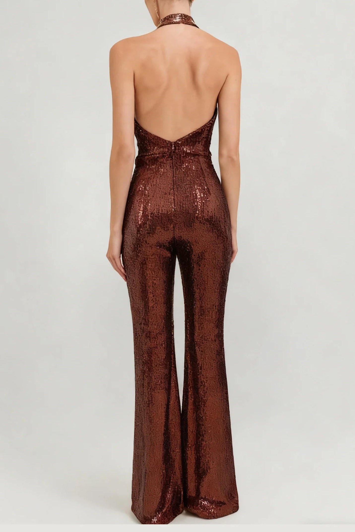 Flowering Girl Women Nora Brown Sequin Halterneck Deep V High Waist Flared Jumpsuit