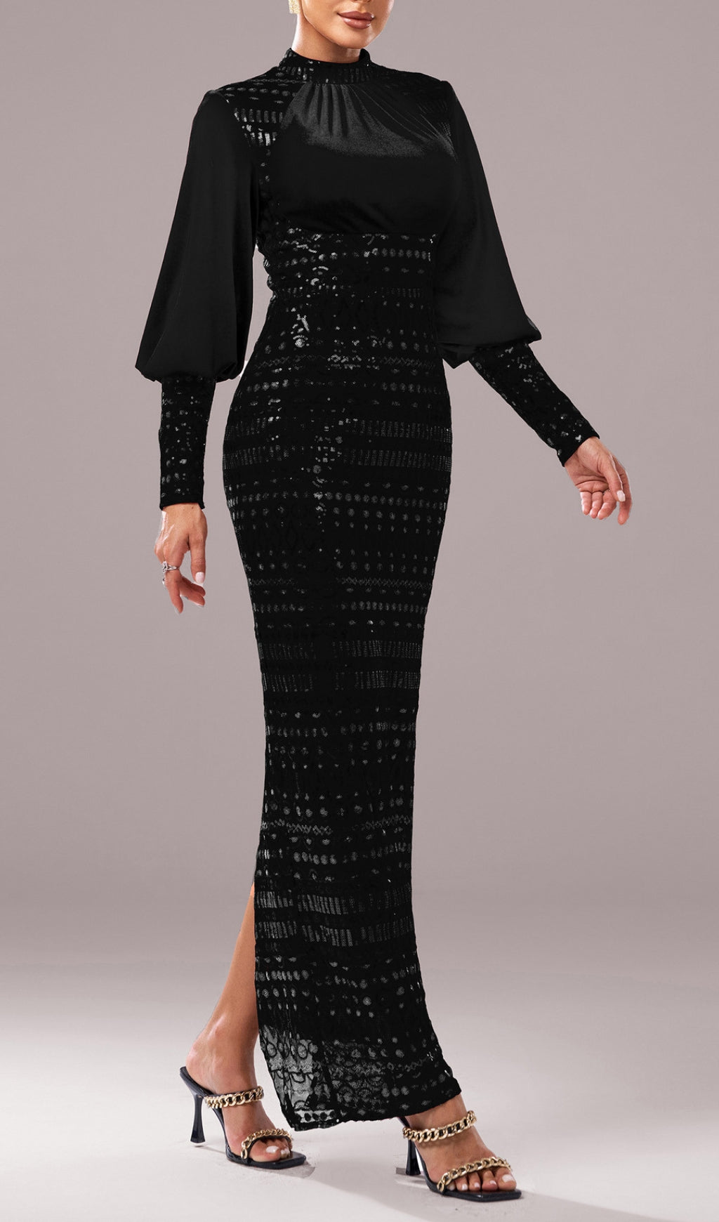 Flowering Girl Women Sequin Long Sleeve Maxi Dress In Black
