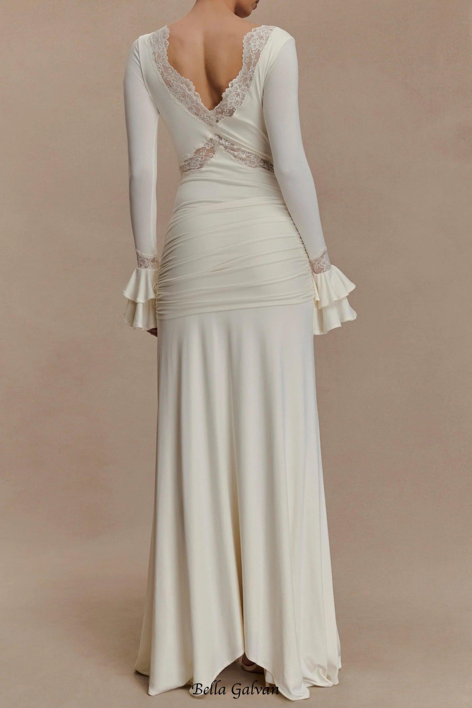 pamela V-neck lace see-through maxi dress in white