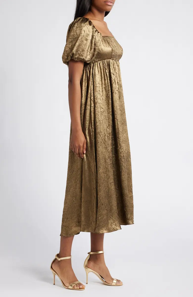 Flowering Girl Women trista square neck puff sleeve midi dress in gold