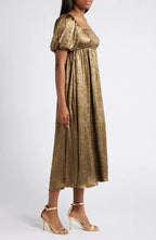 Flowering Girl Women trista square neck puff sleeve midi dress in gold