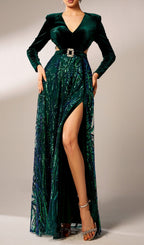 Flowering Girl Women high slit sequin long sleeve maxi dress in green