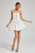 Flowering Girl Women Martha Ruffle Printed Strapless Mini Dress In Blue
