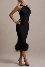 jenny Black Twist-Neck Feather Hem Midi Dress