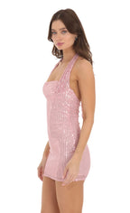 Virginia Sequin Halter Backless Mini Dress In Pink