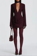 Flowering Girl Women Amelia v-Neck Ruched Blazer Mini Dress In Wine Red