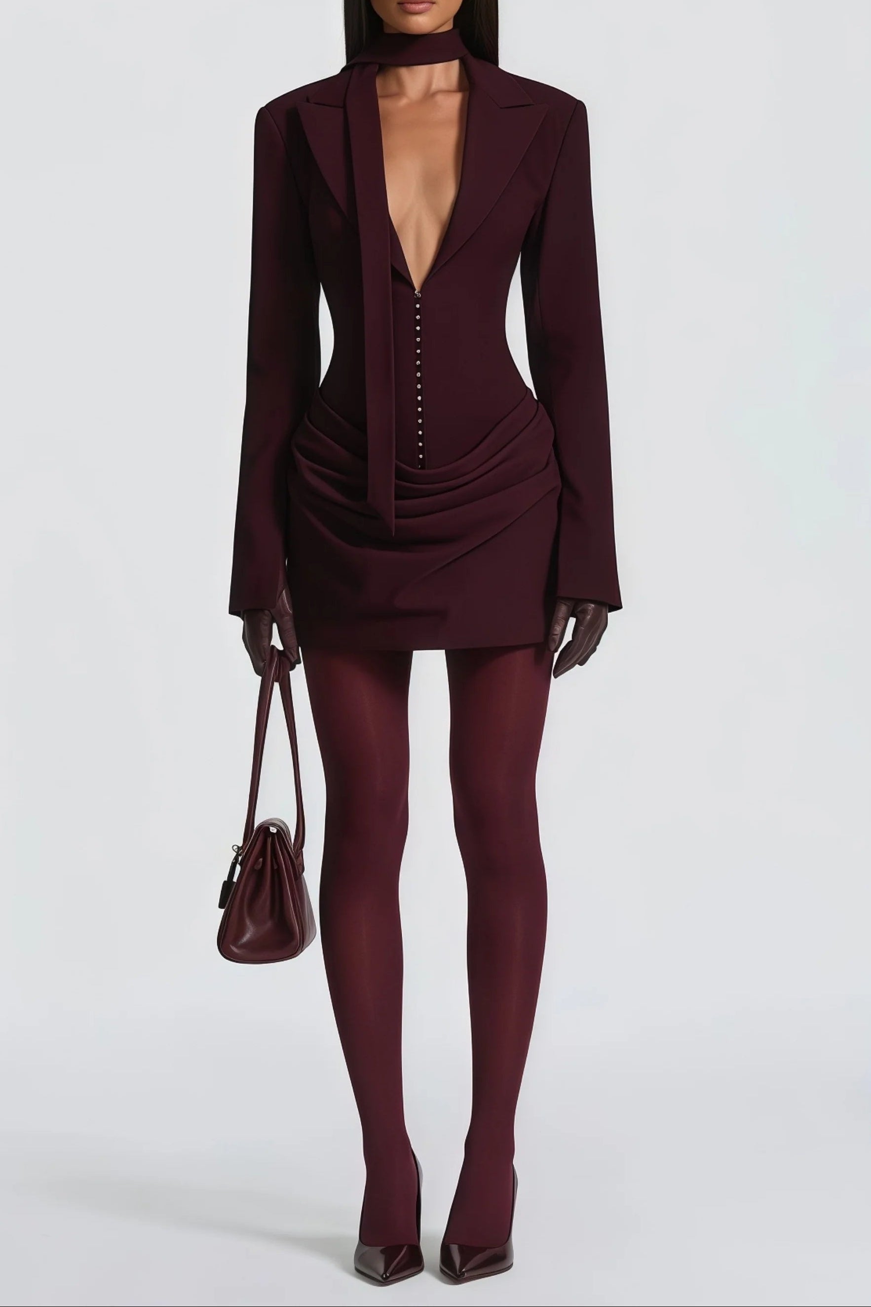 Flowering Girl Women Amelia v-Neck Ruched Blazer Mini Dress In Wine Red