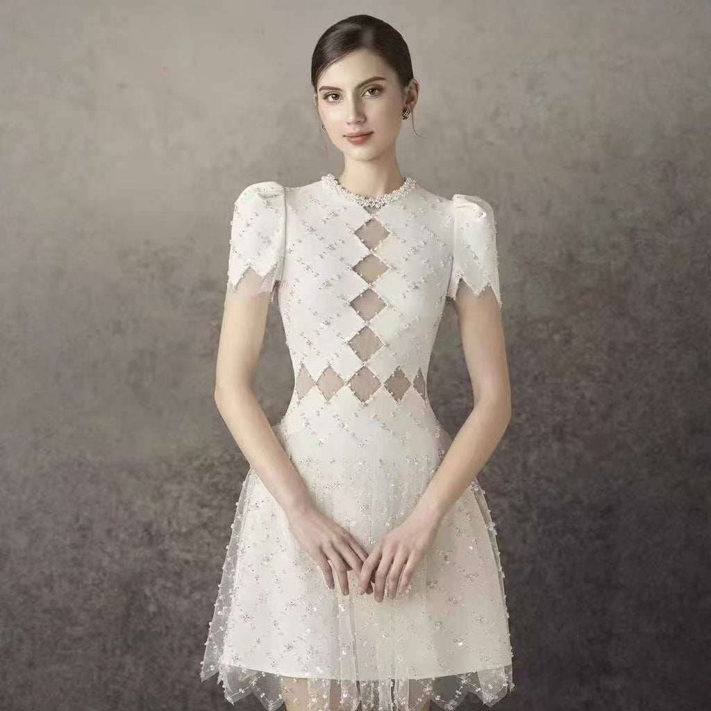 Henrietta Ivory Sequin Mini Dress With Mesh Panels