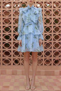 janice blue Print Ruffle Lace-Up Mini Dress