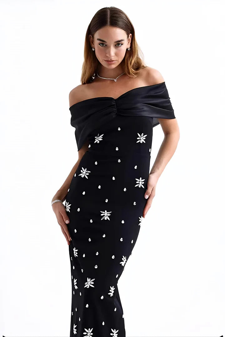 Flowering Girl Women draped bardot crystal detail maxi dress in black