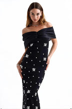 Flowering Girl Women draped bardot crystal detail maxi dress in black