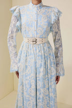 alma Chiffon Embroidered Single Breasted Midi Dress With Belt - blue