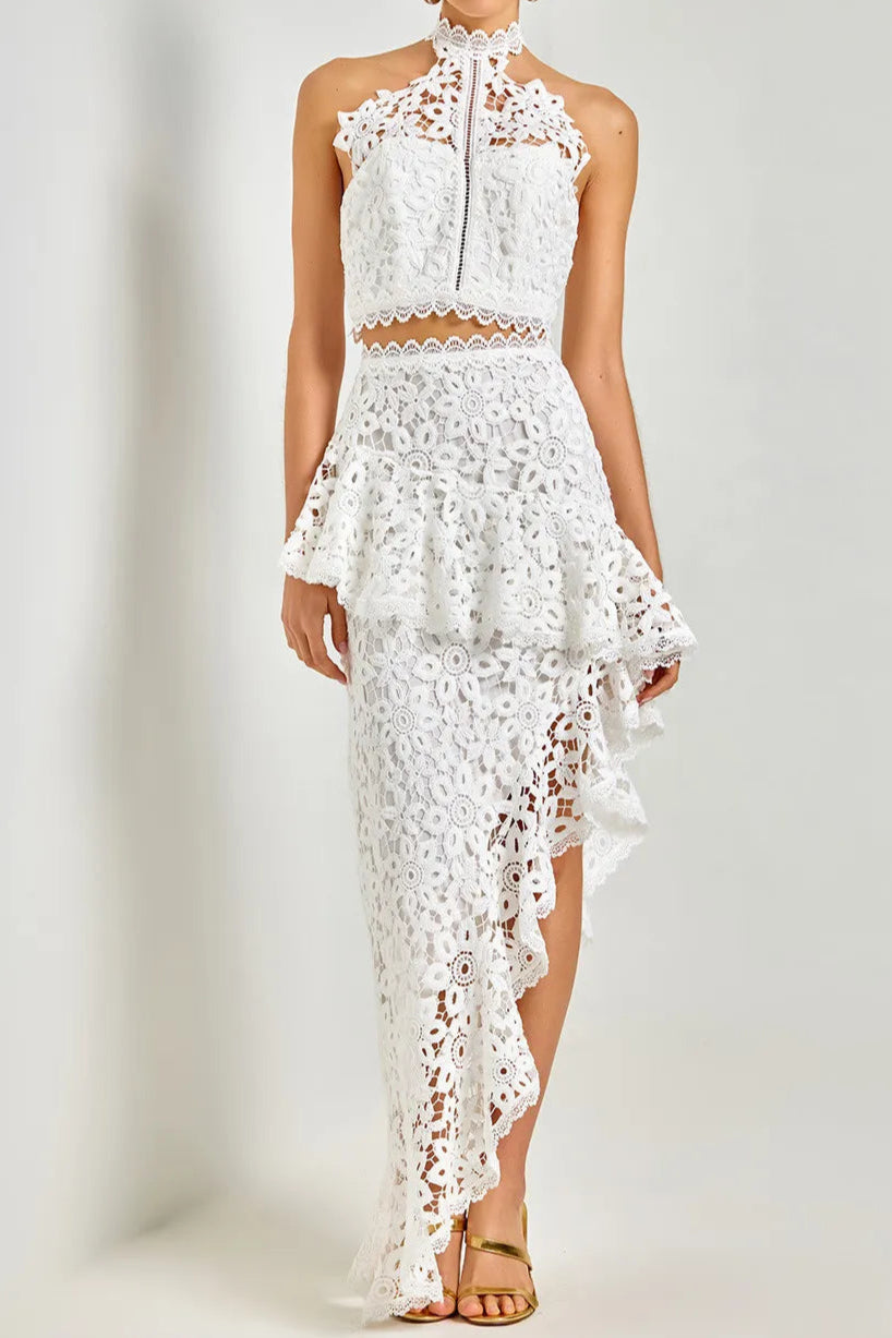 Flowering Girl Women Lace sleeveless top irregular skirt set in white