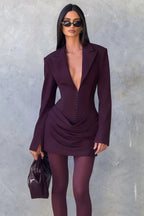 Flowering Girl Women Amelia v-Neck Ruched Blazer Mini Dress In Wine Red