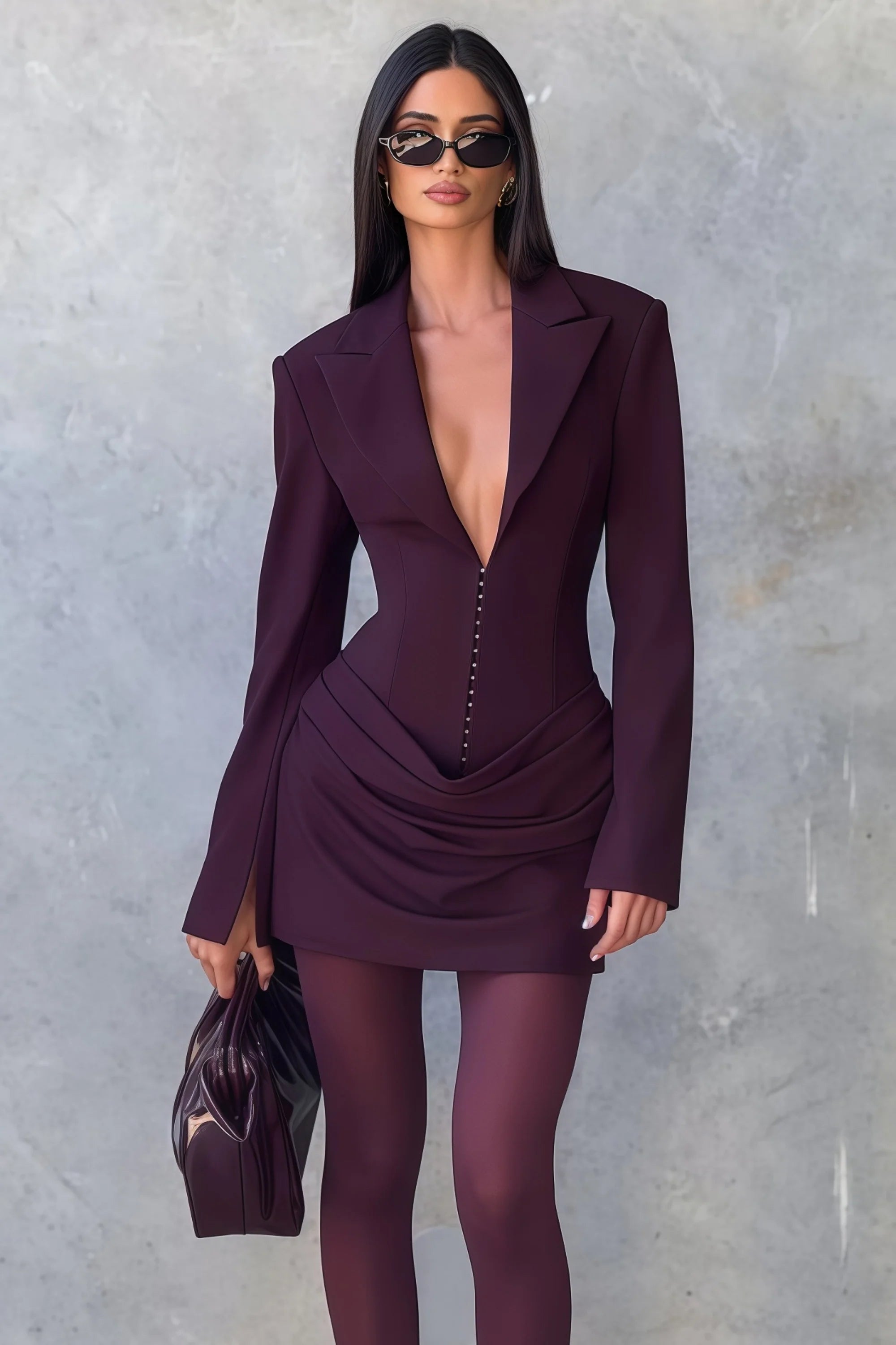 Flowering Girl Women Amelia v-Neck Ruched Blazer Mini Dress In Wine Red